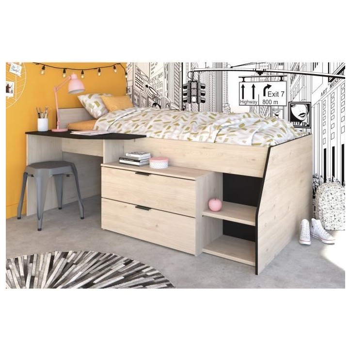 Lit Combiné enfant PARISOT Kim - Chene Jackson et Noir - 90x190/200 cm