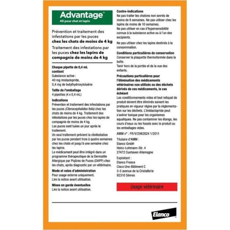 ADVANTAGE Solution Antipuce Chat Lapin 1 a 4kg 4 pipettes