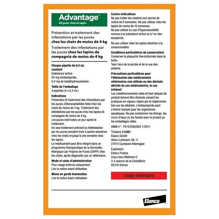 ADVANTAGE Solution Antipuce Chat Lapin 1 a 4kg 4 pipettes ADVANTAGE Solution Antipuce Chat Lapin 1 a 4kg 4 pipettes