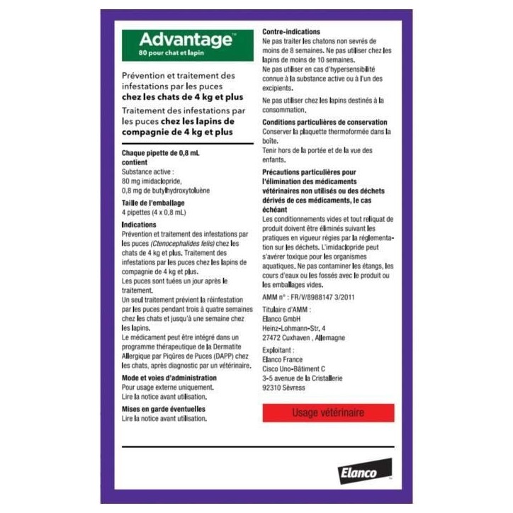 ADVANTAGE Solution Antipuce Chat Lapin +4kg 4 pipettes