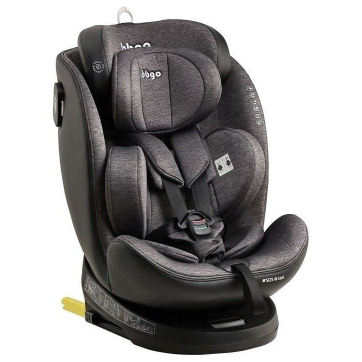 Siege-auto pivotant - BBGO - Wondersafe - Naissance a 12 ans - I-SIZE 40-150cm - ISOFIX Top tether - Gris - Fibre bambou Simili