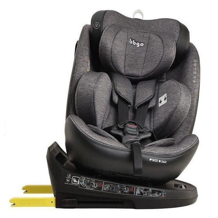 Siege-auto pivotant - BBGO - Wondersafe - Naissance a 12 ans - I-SIZE 40-150cm - ISOFIX Top tether - Gris - Fibre bambou Simili