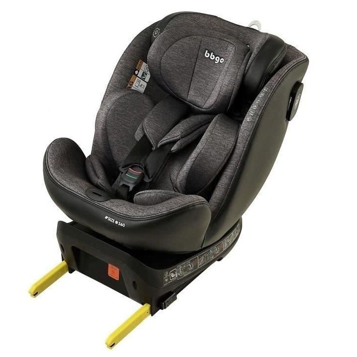 Siege-auto pivotant - BBGO - Wondersafe - Naissance a 12 ans - I-SIZE 40-150cm - ISOFIX Top tether - Gris - Fibre bambou Simili