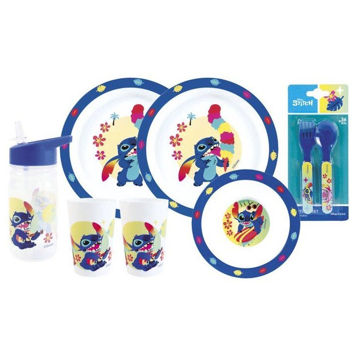Lot vaisselle - FUN HOUSE - DISNEY LILO ET STITCH - 2 Verres, 2 Assiettes plates Ø22 cm, Assiette creuse Ø16cm, Couverts, Gour Lot vaisselle - FUN HOUSE - DISNEY LILO ET STITCH - 2 Verres, 2 Assiettes plates Ø22 cm, Assiette creuse Ø16cm, Couverts, Gour