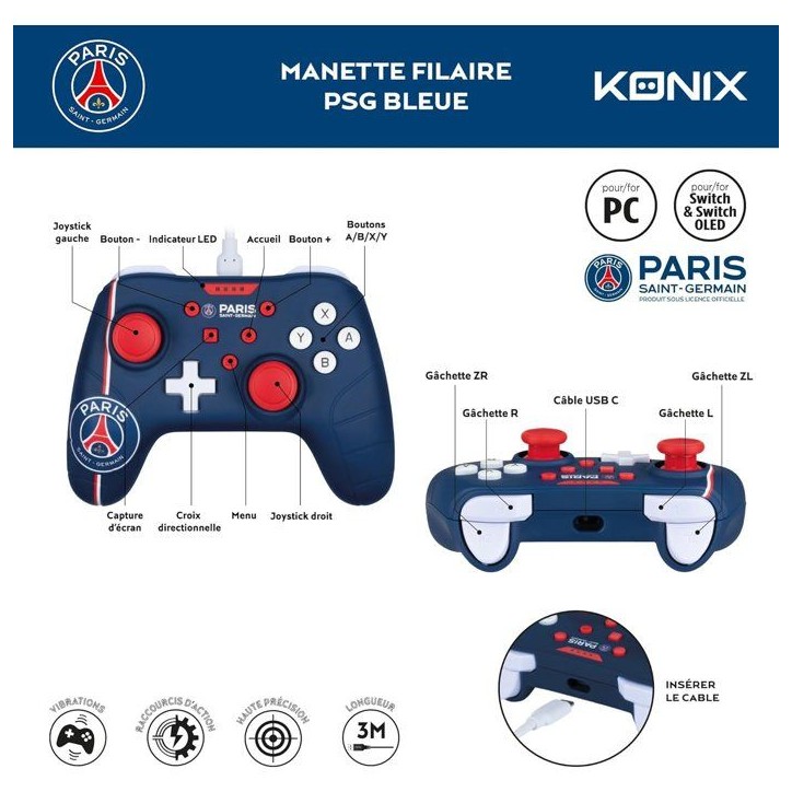 Manette de jeu - Nintendo Switch, Switch 2 et PC - PSG - Filaire - Bleu, blanc et rouge - Fonction vibration - Câble 3 m - Koni Manette de jeu - Nintendo Switch, Switch 2 et PC - PSG - Filaire - Bleu, blanc et rouge - Fonction vibration - Câble 3 m - Koni