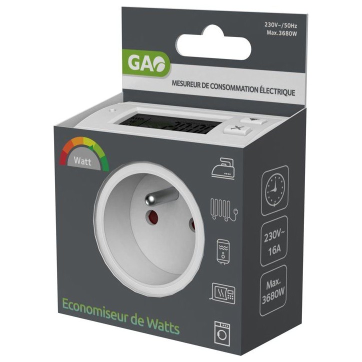 Contrôleur de consommation - GAO - Mesure W/kWh/durée - Détection des 4W - Disjoncteur intégré - 16A 3680W Contrôleur de consommation - GAO - Mesure W/kWh/durée - Détection des 4W - Disjoncteur intégré - 16A 3680W