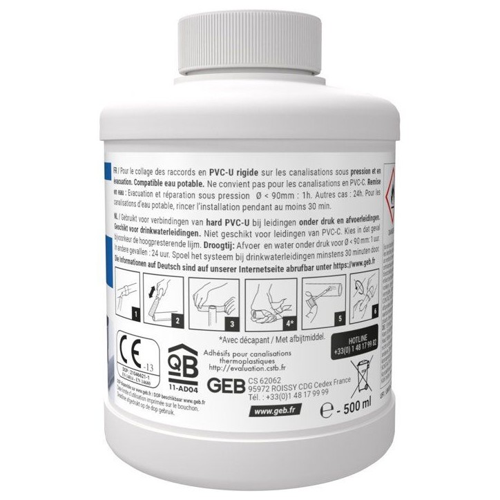 Colle PVC Gel Plus - GEB - Pour PVC rigide pression et évacuation - 500 ml Colle PVC Gel Plus - GEB - Pour PVC rigide pression et évacuation - 500 ml