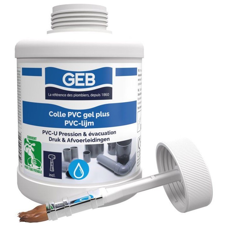 Colle PVC Gel Plus - GEB - Pour PVC rigide pression et évacuation - 500 ml Colle PVC Gel Plus - GEB - Pour PVC rigide pression et évacuation - 500 ml