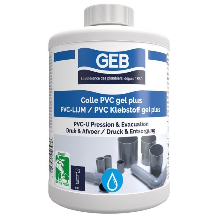 Colle PVC Gel Plus - GEB - Pour PVC rigide pression et évacuation - 1 L Colle PVC Gel Plus - GEB - Pour PVC rigide pression et évacuation - 1 L