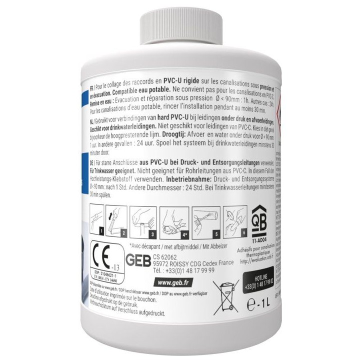 Colle PVC Gel Plus - GEB - Pour PVC rigide pression et évacuation - 1 L Colle PVC Gel Plus - GEB - Pour PVC rigide pression et évacuation - 1 L