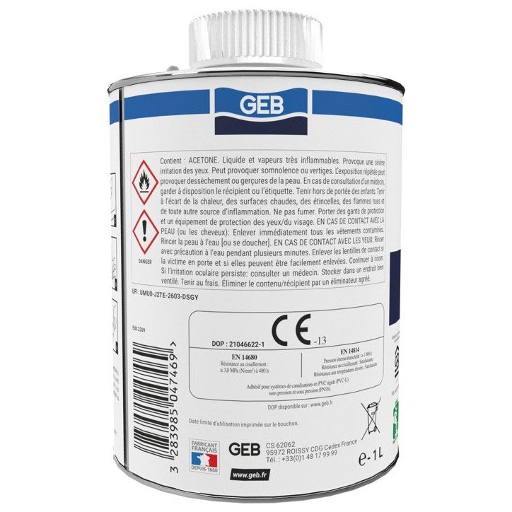 Colle PVC Gebsoplast Gel Plus - GEB - Pour PVC rigide pression et évacuation - 1 L
