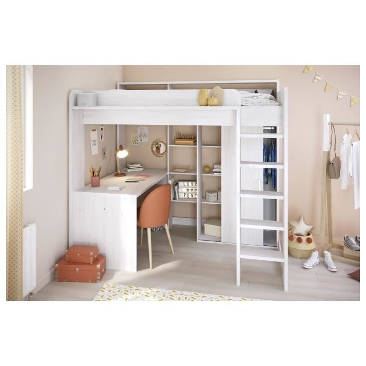 Lit combiné mezzanine enfant PARISOT Lena - Pin Petterson - Sommier inclus - 90 x 200 cm