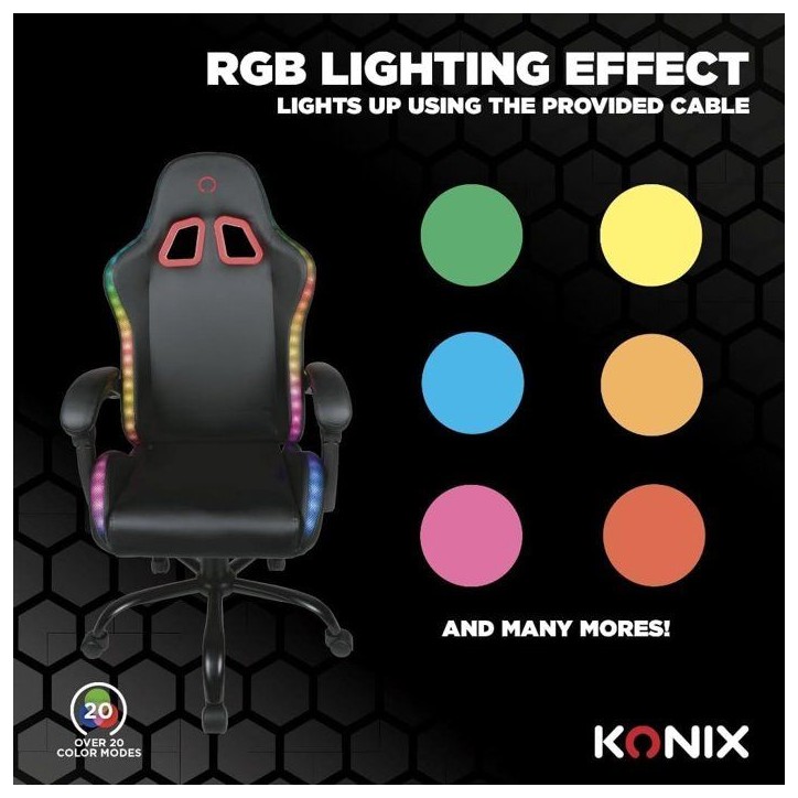 Chaise de bureau gaming - KONIX - Phantom - Éclairage RVB - Inclinaison 135° - Synthétique - Coussin lombaires et cervicaux - Chaise de bureau gaming - KONIX - Phantom - Éclairage RVB - Inclinaison 135° - Synthétique - Coussin lombaires et cervicaux -