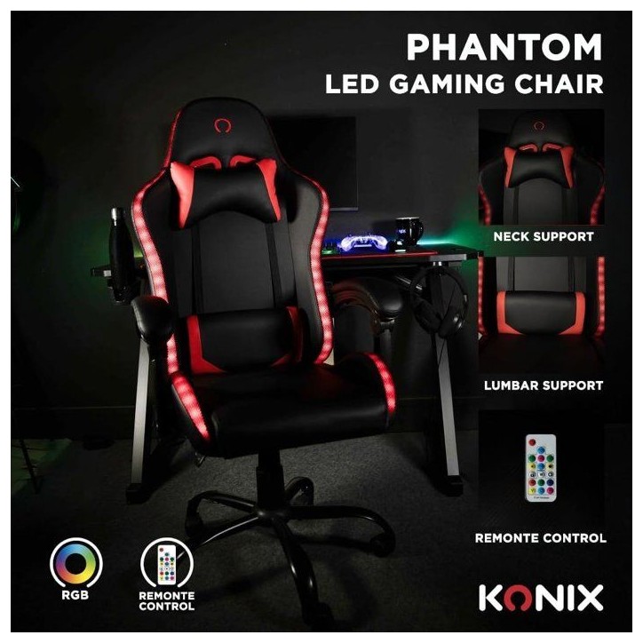 Chaise de bureau gaming - KONIX - Phantom - Éclairage RVB - Inclinaison 135° - Synthétique - Coussin lombaires et cervicaux - Chaise de bureau gaming - KONIX - Phantom - Éclairage RVB - Inclinaison 135° - Synthétique - Coussin lombaires et cervicaux -