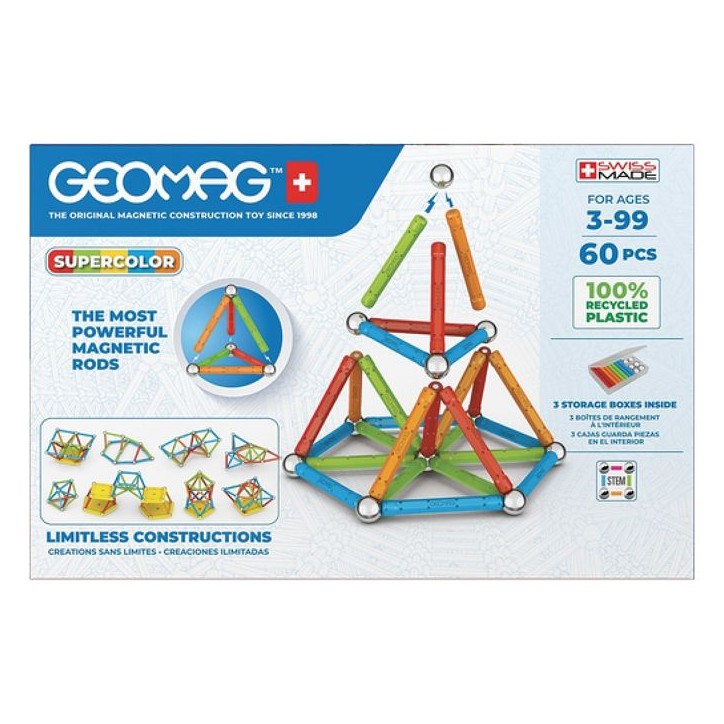 Jeu de construction magnétique - GEOMAG - Supercolor Recycled 60 pieces - Créativité - Magnétisme - Écoresponsable Jeu de construction magnétique - GEOMAG - Supercolor Recycled 60 pieces - Créativité - Magnétisme - Écoresponsable