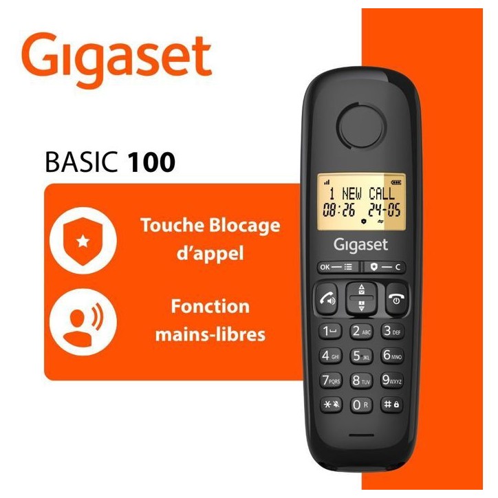 Téléphone fixe - GIGASET - Basic 100A TRIO - Répondeur - Mains libres - Ecran rétroéclairé - Répertoire 50 contacts - Blo Téléphone fixe - GIGASET - Basic 100A TRIO - Répondeur - Mains libres - Ecran rétroéclairé - Répertoire 50 contacts - Blo
