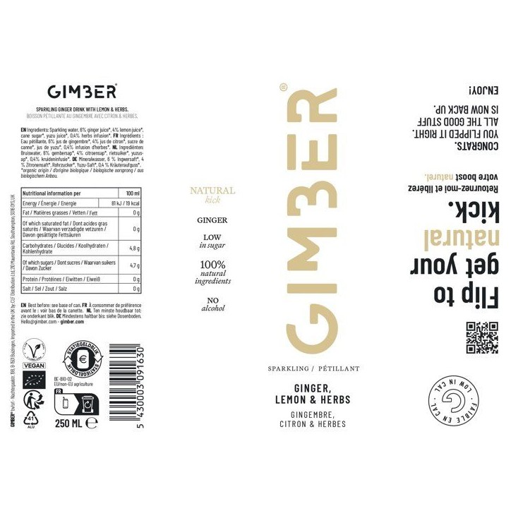 Gimber - Original - Pret-a-boire - Canette - Gingembre, citron et herbes - 12 x 250 ml - Bio Gimber - Original - Pret-a-boire - Canette - Gingembre, citron et herbes - 12 x 250 ml - Bio