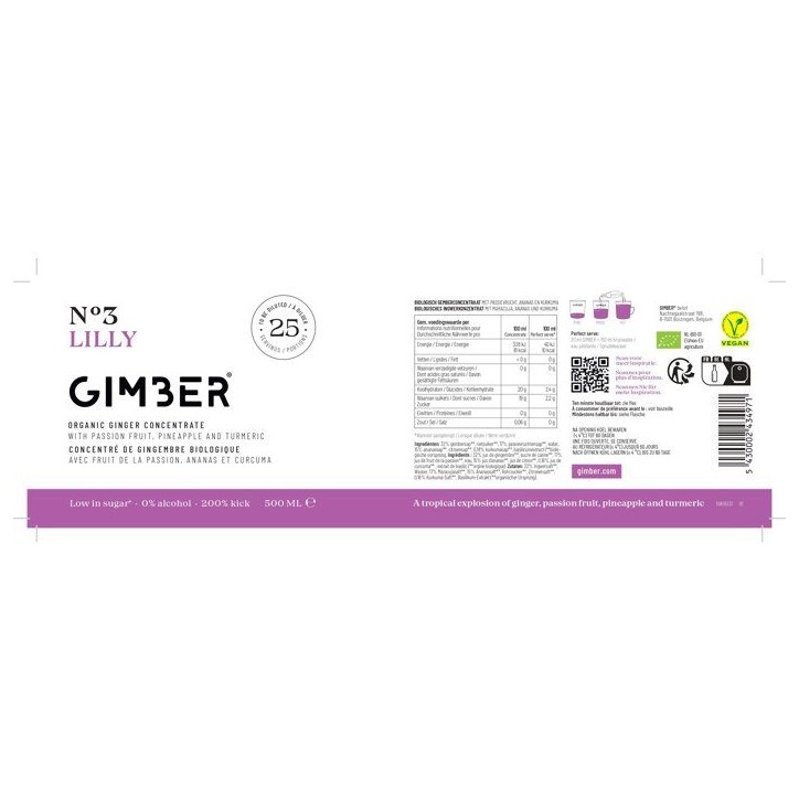 Gimber - N°3 - Lilly - Concentré de gingembre biologique avec fruit de la passion, ananas et curcuma - 500 ml - Bio Gimber - N°3 - Lilly - Concentré de gingembre biologique avec fruit de la passion, ananas et curcuma - 500 ml - Bio