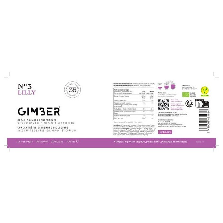 Gimber - N°3 - Lilly - Concentré de gingembre biologique avec fruit de la passion, ananas et curcuma - 700 ml - Bio Gimber - N°3 - Lilly - Concentré de gingembre biologique avec fruit de la passion, ananas et curcuma - 700 ml - Bio