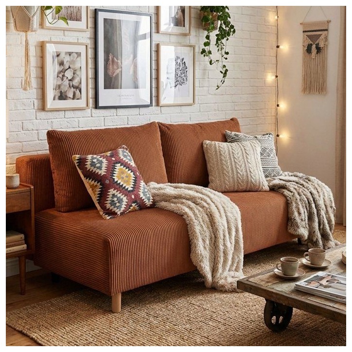 Canapé droit convertible 3 places GINO - Velours côtelé terracotta - Avec coffre - L 195 x H 89 x P 91 cm Canapé droit convertible 3 places GINO - Velours côtelé terracotta - Avec coffre - L 195 x H 89 x P 91 cm