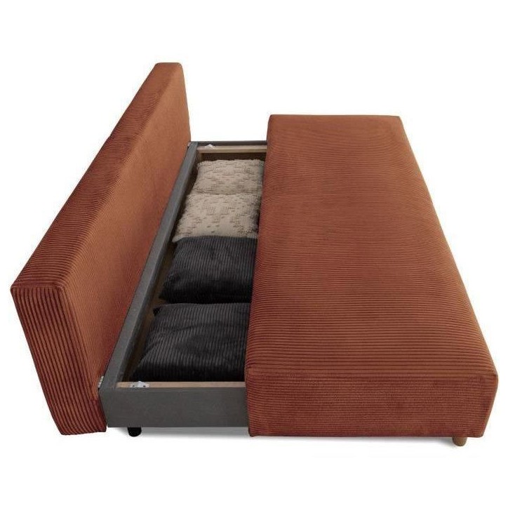 Canapé droit convertible 3 places GINO - Velours côtelé terracotta - Avec coffre - L 195 x H 89 x P 91 cm Canapé droit convertible 3 places GINO - Velours côtelé terracotta - Avec coffre - L 195 x H 89 x P 91 cm