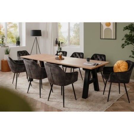 Table a manger GRANADA extensible - Style Industriel - 6/10 personnes - 2 rallonges 40 cm - L 157/237 x P 90 x H 75 cm - Chene/N