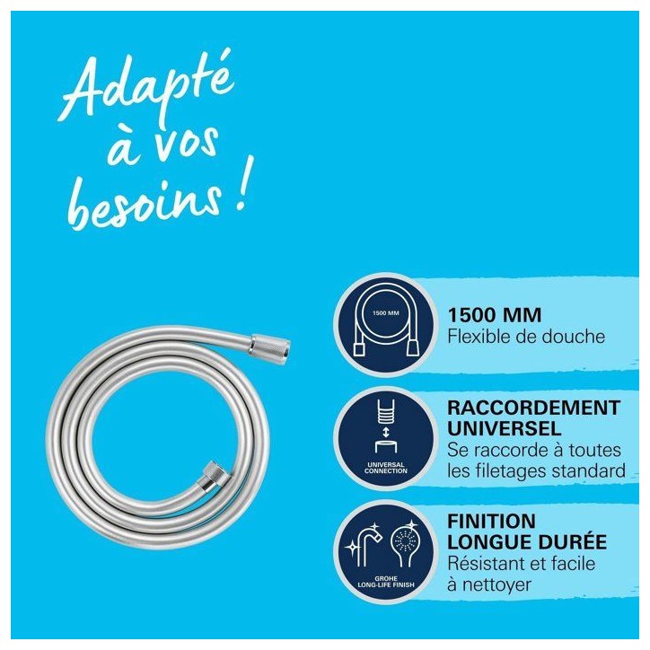 Flexible de douche - GROHE VitalioFlex 27505001 - 1,5m - Anti-pliures - Anti-torsion - Connexion universelle - Surface lisse -Ch Flexible de douche - GROHE VitalioFlex 27505001 - 1,5m - Anti-pliures - Anti-torsion - Connexion universelle - Surface lisse -Ch
