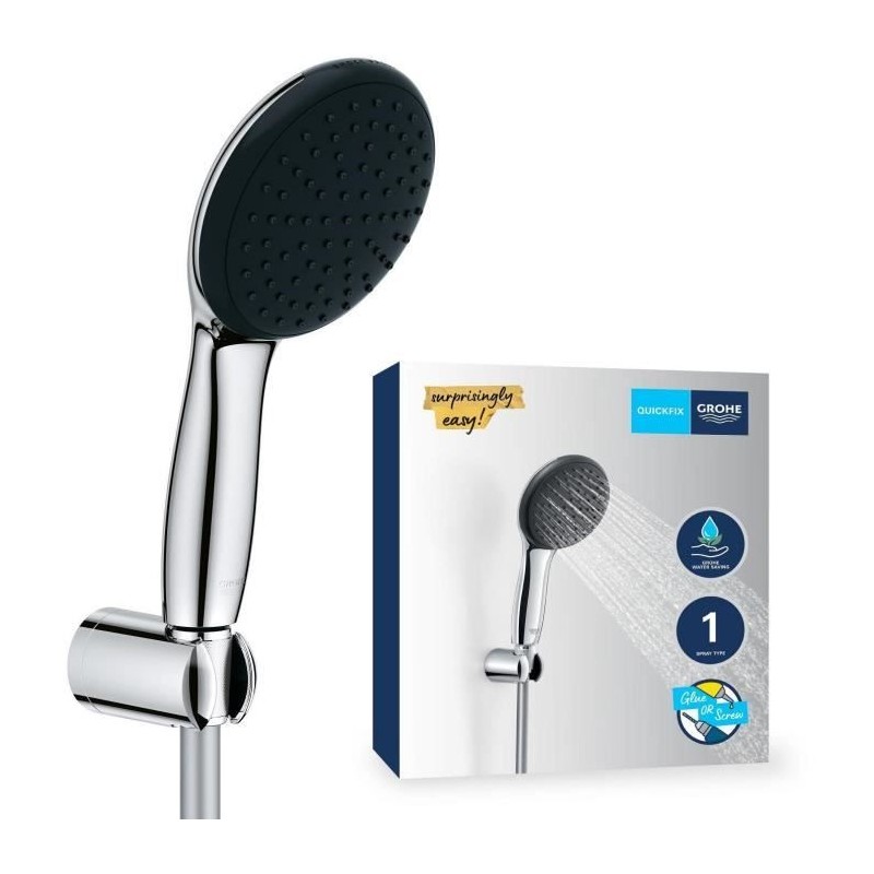 Ensemble de douche avec pommeau 1 jet Pluie, support et flexible 1,75m