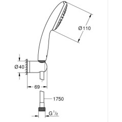 Ensemble de douche avec pommeau 1 jet Pluie, support et flexible 1,75m