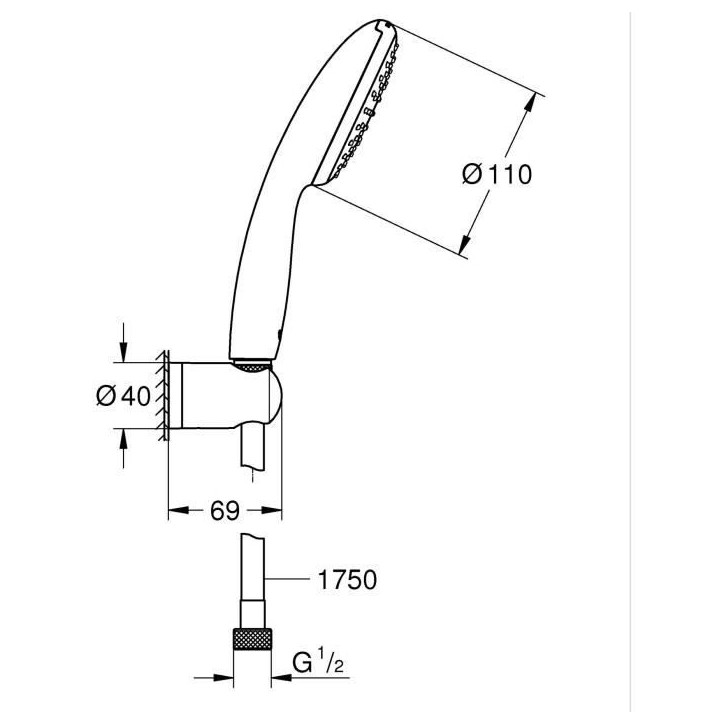 Ensemble de douche avec pommeau 1 jet Pluie, support et flexible 1,75m - GROHE Vitalio Start 110 27944001 - Economie d'eau