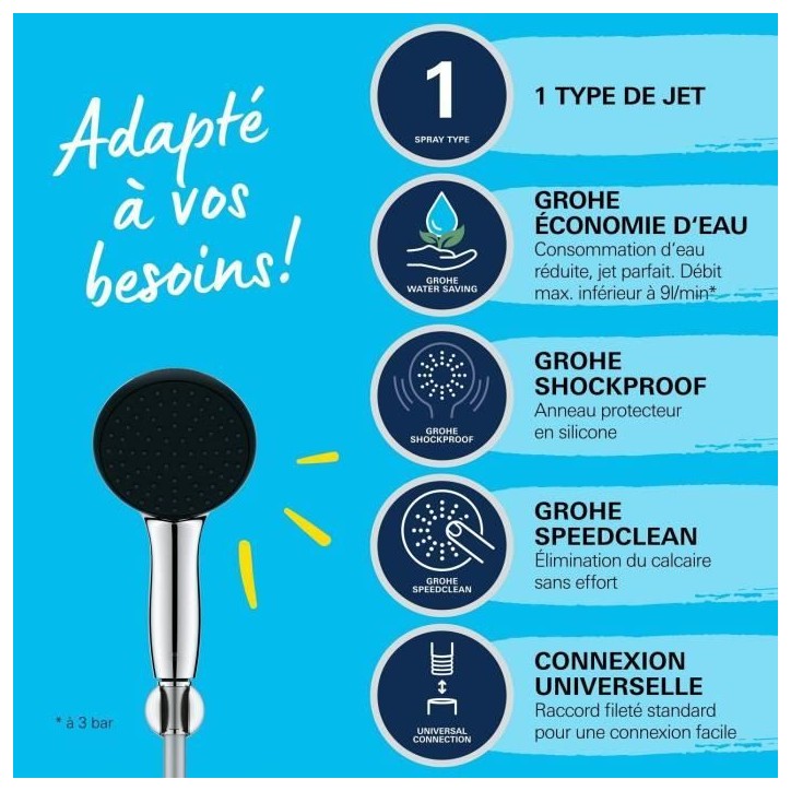 Ensemble de douche avec pommeau 1 jet Pluie, support et flexible 1,75m - GROHE Vitalio Start 110 27944001 - Economie d'eau