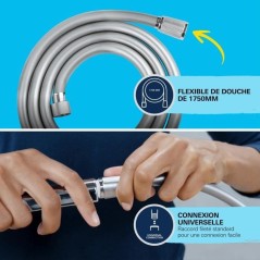 Ensemble de douche avec pommeau 1 jet Pluie, support et flexible 1,75m