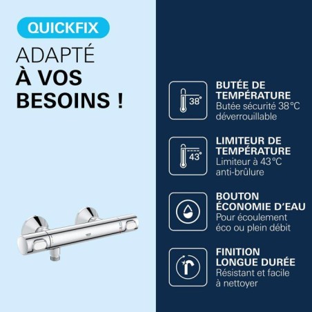 Mitigeur thermostatique douche GROHE Precision Flow - Montage mural - Protection anti-brûlure - Chromé