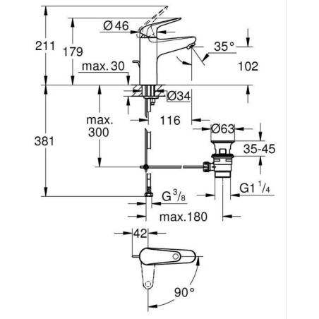 Mitigeur monocommande lavabo - GROHE Swift - 24328001 - Chromé - Taille M - Ouverture Eau Froide - Economie d'eau -Tirette et v