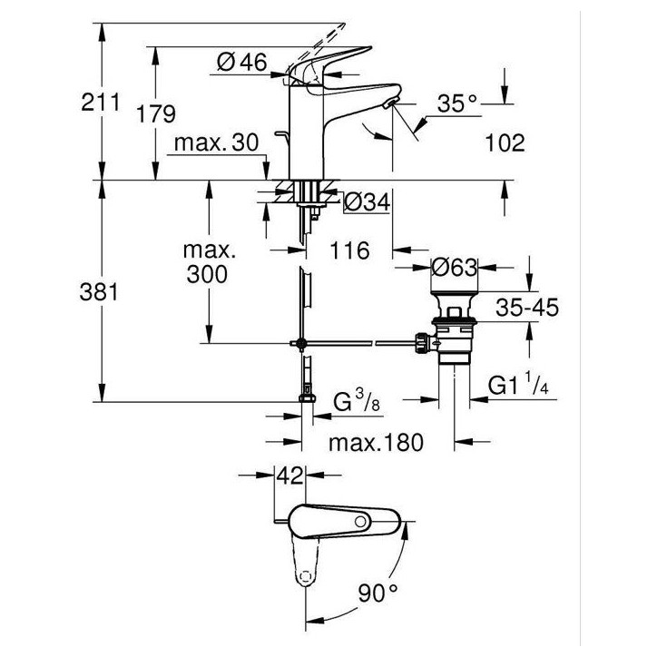 Mitigeur monocommande lavabo - GROHE Swift - 24328001 - Chromé - Taille M - Ouverture Eau Froide - Economie d'eau -Tirette et v