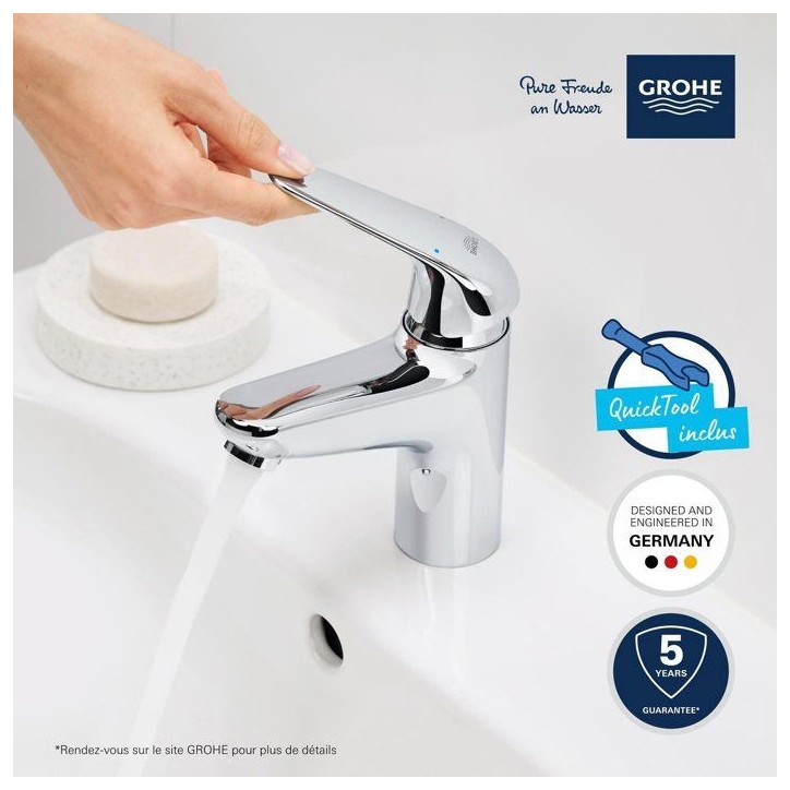 Mitigeur monocommande lavabo - GROHE Swift - 24328001 - Chromé - Taille M - Ouverture Eau Froide - Economie d'eau -Tirette et v
