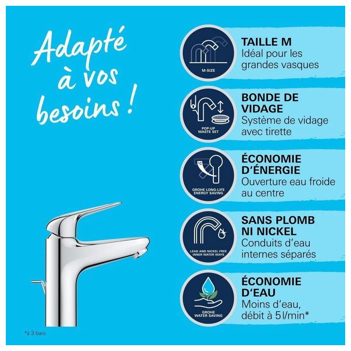 Mitigeur monocommande lavabo - GROHE Swift - 24328001 - Chromé - Taille M - Ouverture Eau Froide - Economie d'eau -Tirette et v