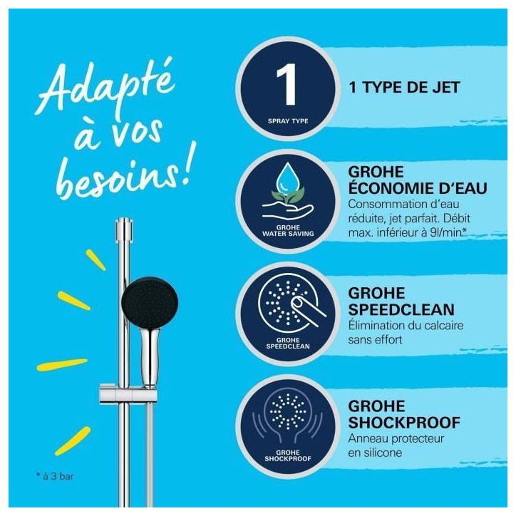 Ensemble de douche avec pommeau 1 jet, barre 90cm et flexible - GROHE Vitalio Start 110 26953001 - Economie d'eau - Chromé Ensemble de douche avec pommeau 1 jet, barre 90cm et flexible - GROHE Vitalio Start 110 26953001 - Economie d'eau - Chromé