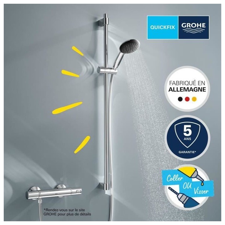 Ensemble de douche avec pommeau 1 jet, barre 90cm et flexible - GROHE Vitalio Start 110 26953001 - Economie d'eau - Chromé Ensemble de douche avec pommeau 1 jet, barre 90cm et flexible - GROHE Vitalio Start 110 26953001 - Economie d'eau - Chromé