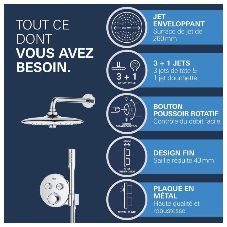 Ensemble de douche encastré - Tous les types de jets - Mitigeur thermostatique - GROHE - 34878000 - Gris Ensemble de douche encastré - Tous les types de jets - Mitigeur thermostatique - GROHE - 34878000 - Gris