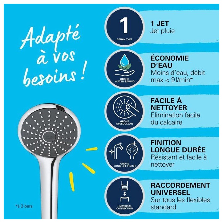 Douchette 1 jet - GROHE - Vitalio Joy 110 - EcoJoy - StarLight Chrome - Inner WaterGuide Douchette 1 jet - GROHE - Vitalio Joy 110 - EcoJoy - StarLight Chrome - Inner WaterGuide