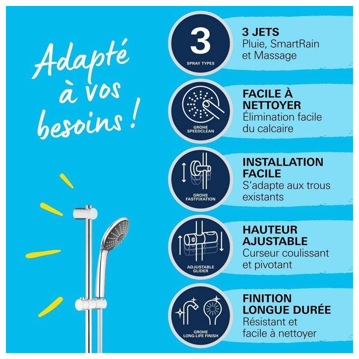 Ensemble de douche 3 jets - GROHE - Vitalio Joy 110 Massage - Flexible lisse - Systeme anti-torsion Ensemble de douche 3 jets - GROHE - Vitalio Joy 110 Massage - Flexible lisse - Systeme anti-torsion