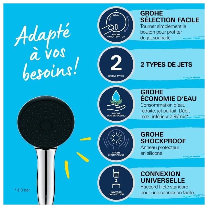 Pommeau de douche - GROHE Vitalio Start 110 27946001 - 2 jets (Pluie/Stimulant) - Economie d'eau - Procédé anti-calcaire - Chr
