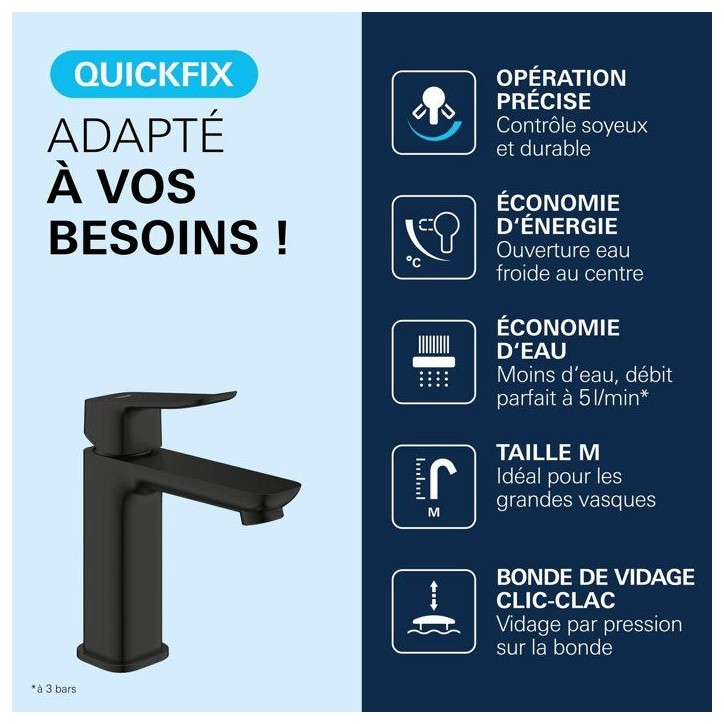 Mitigeur de lavabo - GROHE DICE - Taille M - Cartouche Ch3 & clic-clac - Noir mat Mitigeur de lavabo - GROHE DICE - Taille M - Cartouche Ch3 & clic-clac - Noir mat