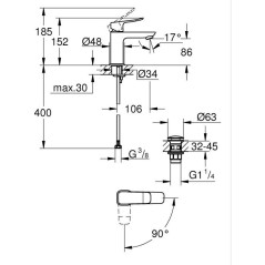 Mitigeur de lavabo - GROHE DICE - Taille S - Cartouche Ch3 & vidage cl