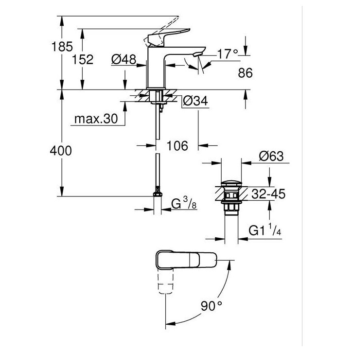 Mitigeur de lavabo - GROHE DICE - Taille S - Cartouche Ch3 & vidage clic-clac - Chrome Mitigeur de lavabo - GROHE DICE - Taille S - Cartouche Ch3 & vidage clic-clac - Chrome