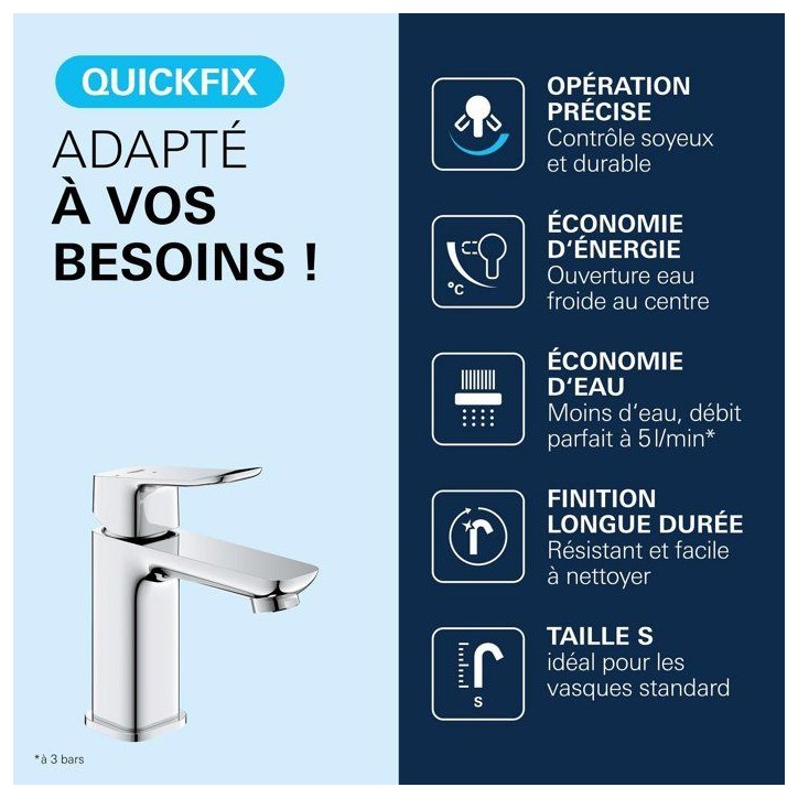 Mitigeur de lavabo - GROHE DICE - Taille S - Cartouche Ch3 & vidage clic-clac - Chrome Mitigeur de lavabo - GROHE DICE - Taille S - Cartouche Ch3 & vidage clic-clac - Chrome