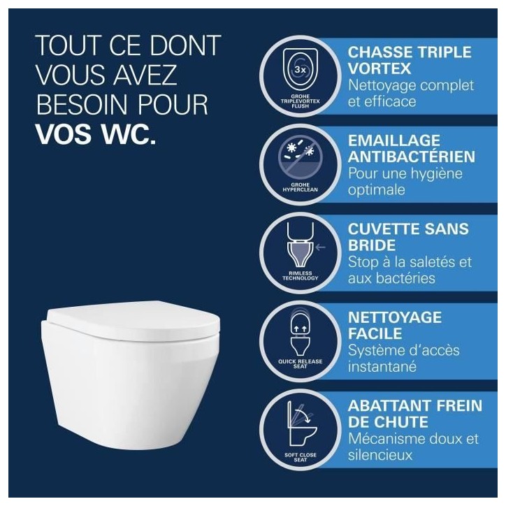 Ensemble WC suspendu compact - Sortie horizontale - Sans bride - GROHE Euro Ceramic Triple Vortex (102 486 SH00) Ensemble WC suspendu compact - Sortie horizontale - Sans bride - GROHE Euro Ceramic Triple Vortex (102 486 SH00)