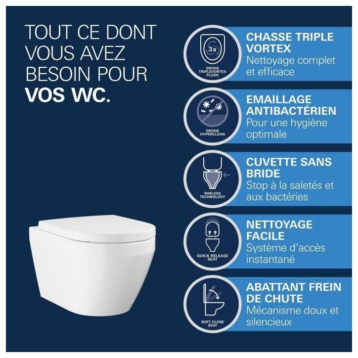 Ensemble WC suspendu compact - Sortie horizontale - Sans bride - GROHE Euro Ceramic Triple Vortex (102 485 SH00) Ensemble WC suspendu compact - Sortie horizontale - Sans bride - GROHE Euro Ceramic Triple Vortex (102 485 SH00)