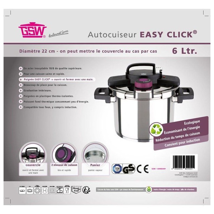 Autocuiseur - Induction - GSW - Easy Click - 6 L - Ø 22 cm - Acier massif 18/10 Autocuiseur - Induction - GSW - Easy Click - 6 L - Ø 22 cm - Acier massif 18/10